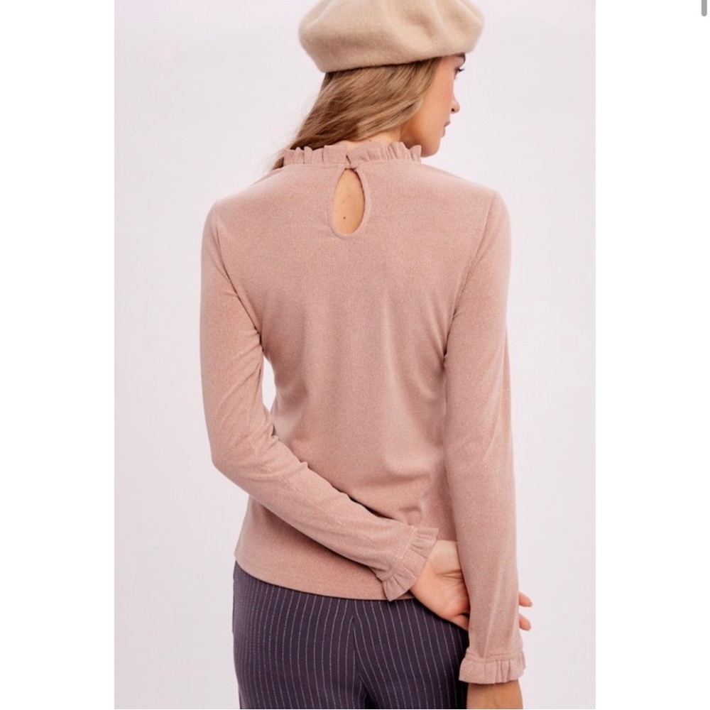 New// Blush Ribbed Ruffle Long Sleeve Top - Picture 2 of 6